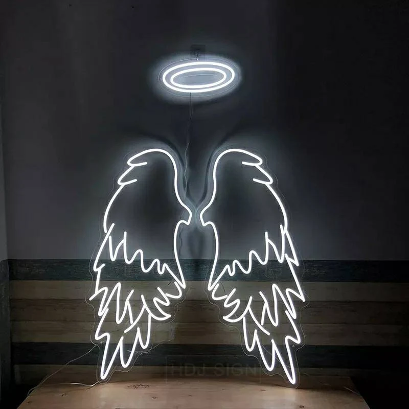 Neon LED anielskie skrzydła z aureolą – nowoczesna dekoracja ścienna do wnętrz i wydarzeń.